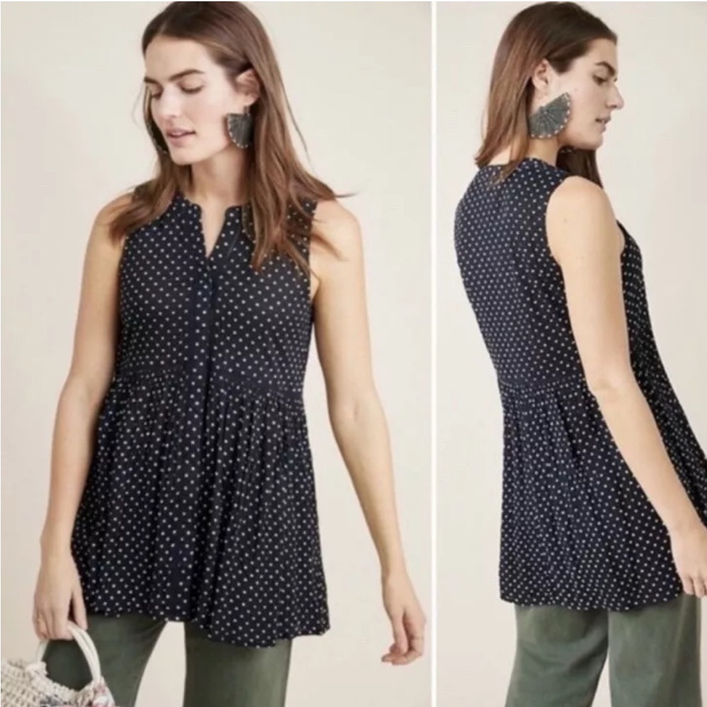 Anthropologie Navy Polka Dot Sleeveless Peplum Blouse
